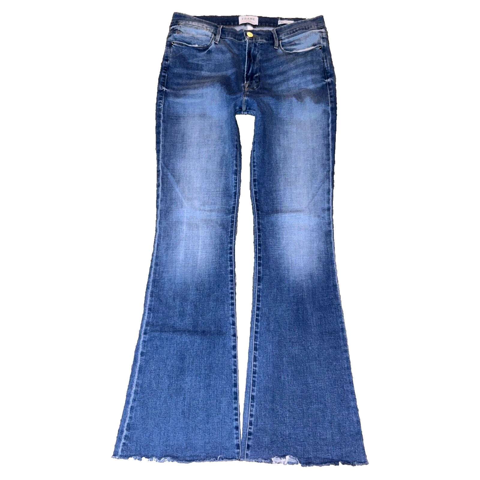 FRAME Le High Rise Flare Undone Raw Fray Hem Jeans in Columbus Blue Size 32