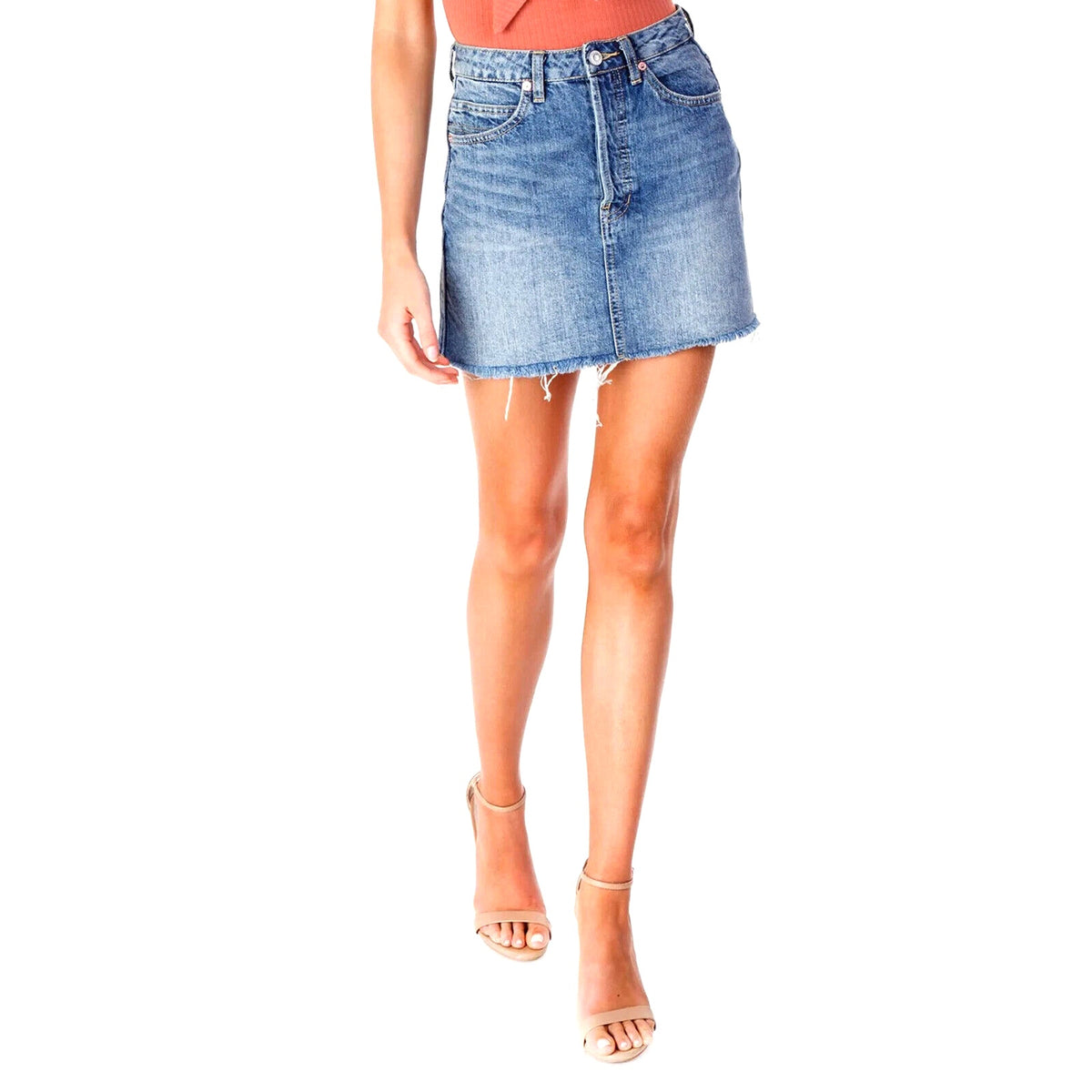 FREE PEOPLE RUGGED A-LINE Fray Hemline Denim Jean SKIRT Sz 4